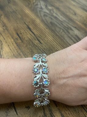 Silver Leaf Floral Bracelet with Aurora Borealis Crystals